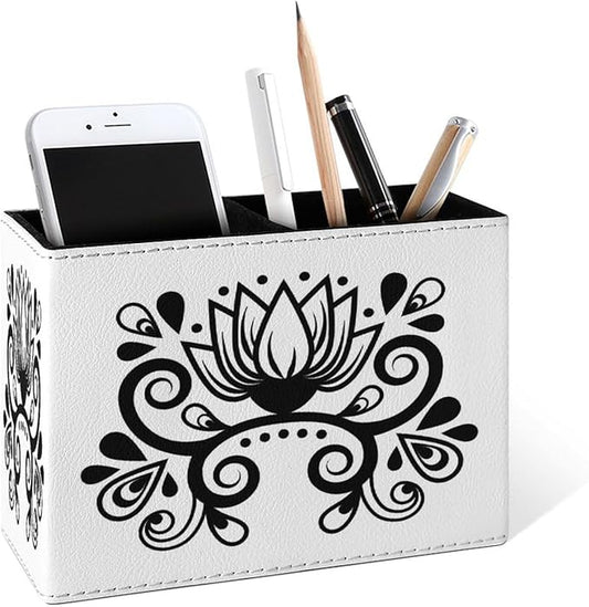 Famame Abstract Floral Ethnic Ornament Pencil Holder for Desk, Leather Desktop Container Pen Cup Storage Study Table Pen Organizer Makeup Brush Holder for Classroom Office Home