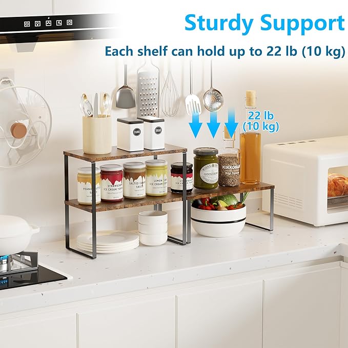 Golener Countertop Organizer Corner Shelf, 2 Tier Adjustable Stackable Corner Shelves for Kitchen, Bathroom, Spice Rack, Coffee Area, Over Sink, Dresser Table, Corner Counter Shelf Stand, Rustic Brown