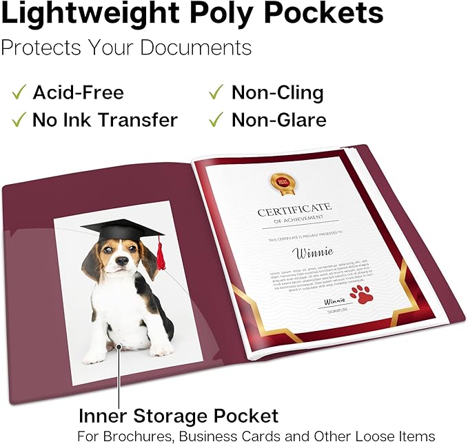 Dunwell Presentation Binder 24-Pocket, Displays 48 Pages, 8.5x11 Portfolio Binder with Plastic Sleeves, Storage and Organizer for Documents, Certificates, Projects, Photos (Ruby)