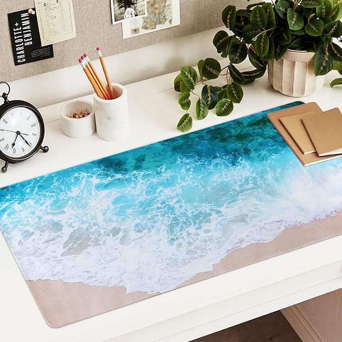 iCasso Extended Gaming Mouse Pad (35.4x15.7 in), Large Non-Slip Rubber Base Mousepad with Stitched Edges, Waterproof Keyboard Mouse Mat Desk Pad for Work, Game, Office, Home - Beach
