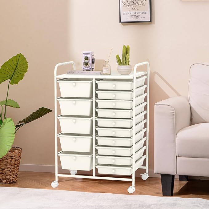 GOFLAME 15-Drawer Rolling Storage Cart, Craft Storage Cart with Removable Drawers & Lockable Wheels, Art Cart Supply Storage Organizer for Home Office Classroom, White