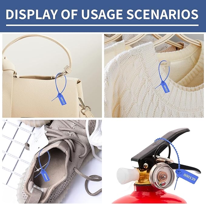 100Pcs Plastic Tamper Shipping Seals Pull-Tite Security Seal Signage Numbered Fire Extinguisher Tags Zip Ties Labels Disposable Self Locking for Logistics, Luggage,Transport (Blue, 100pcs)