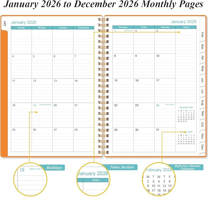 2026 Planner - Planner 2026 from January 2026 - December 2026, Weekly & Monthly Planner Spiral Bound with 12 Monthly Tabs, Inner Pocket, 6.4" x 8.5", Orange-A