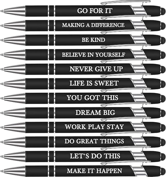 Zonon 12 Pcs Inspirational Pens Bulk Funny Ballpoint Pen with Stylus Tip Motivational Gifts for Valentine's Day Teacher Coworkers Nurse School Office Supplies(Black,Motivational Style)
