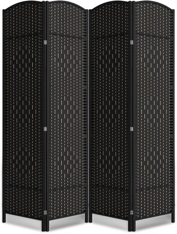 Cocosica 4 Panel Room Divider,6Ft Folding Privacy Screen,Tall - Extra Wide Foldable Panel Partition Wall Divider with Diamond Double-Weaved Hand-Woven Design Room Screen Divider（Black）