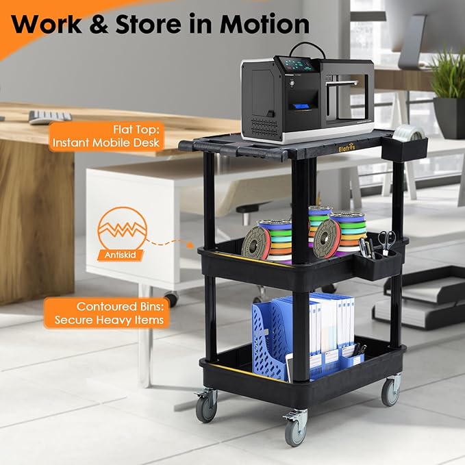 ELAFROS 3-Tier Utility Cart with Flat Top and Deep Shelves, 27.5 x 18.25, Compact Rolling Cart with 4" Wheels, Heavy-Duty Plastic, 330 lbs Capacity for Office, Workshop, Warehouse