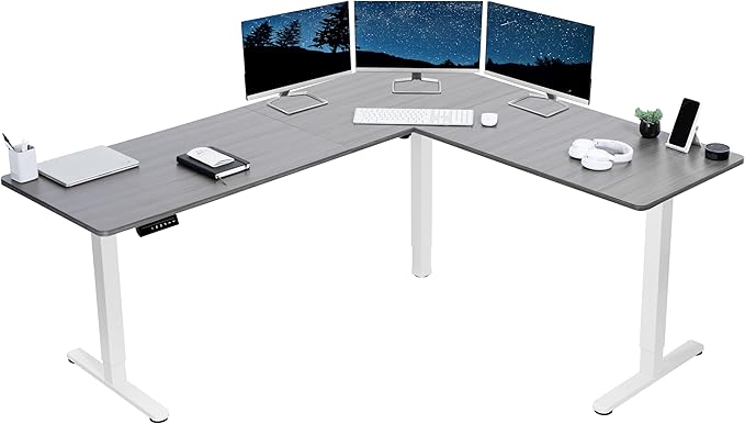 VIVO Electric Corner 75 x 63 inch L-Shaped Standing Desk, Memory Height Adjustment, Dark Gray Top White Frame, DESK-E3CTWG-75