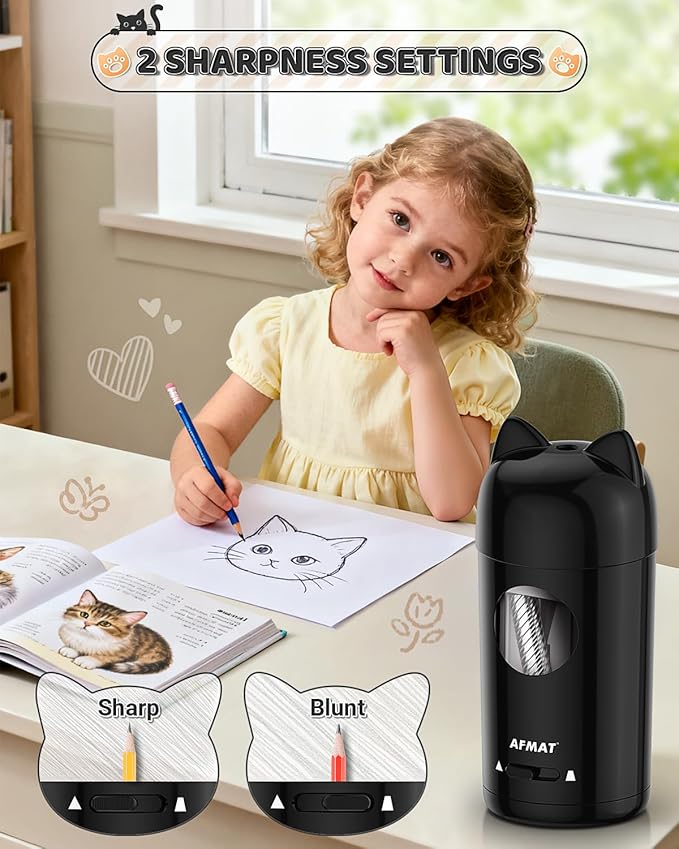 AFMAT Electric Pencil Sharpener, Fully Automatic Pencil Sharpener for Kids, Auto in & Out, for φ7-8mm No.2/Colored Pencils, Rechargeable & Cordless, Cute Cat Pencil Sharpeners for Classroom Home PSX9
