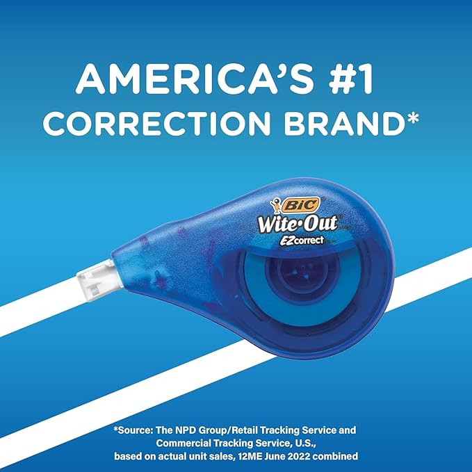 BIC Wite-Out EZ Correct Correction Tape, Tear-Resistant and No Dry Time, 18-Count Pack in White