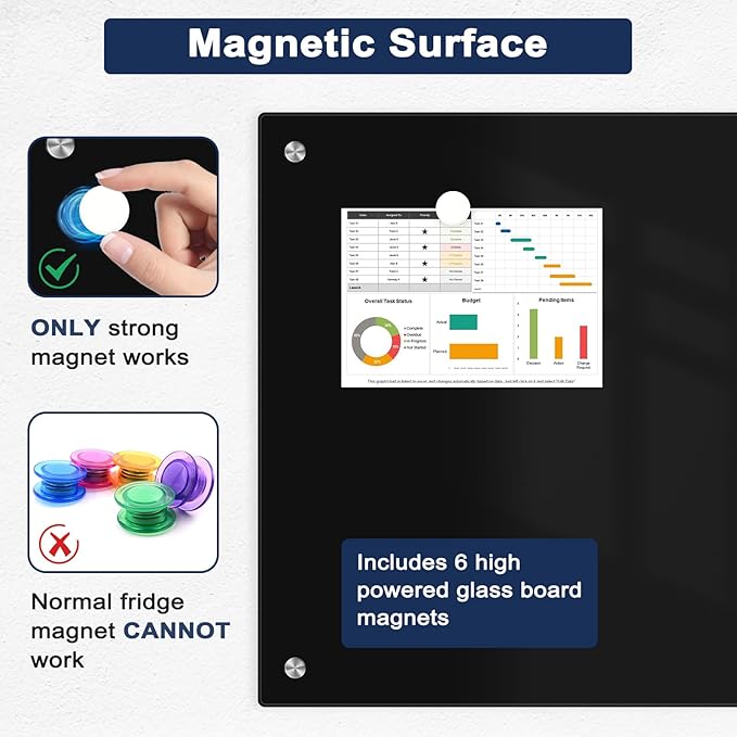 Black Dry Erase Board, 4' x 3' Magnetic Glass Whiteboard for Wall,48" x 36" Large Black Glass Magnetic Board with 1 Marker Tray and 3 Magnets for Office, Home, Classroom