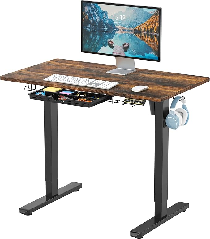 SHW 40-Inch Electric Height Adjustable Standing Desk with Drawer, Memory Preset and Cable Management Tray, Rustic Brown