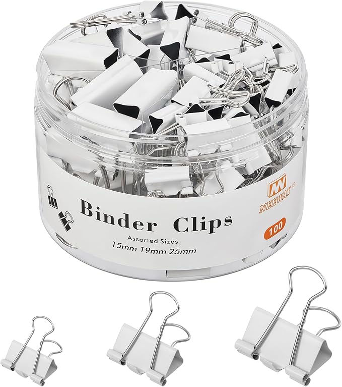NEEWAY 100 Count Binder Clips Assorted Sizes, Paper Binder Clips (0.6inch 0.75inch 1inch), Metal Paper Clamps for Office and Home (White)