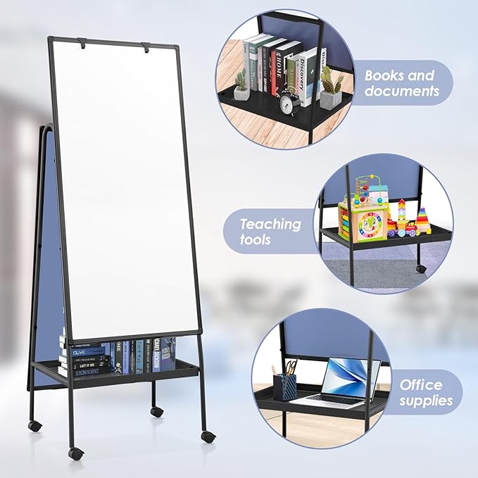 MAKELLO Rolling Whiteboard on Wheels 48x24 in, Double Sided Mobile White Board with Storage Tray for Office School Home, Magnetic Classroom Easel for Teacher, Height Adjustable, Aluminum Frame, 4'x2'