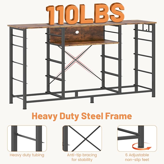 HCHQHS 47 Inch Dresser for Bedroom with 13 Drawers,Side Pockets Hooks and Lights with Remote Control,Hallway,Closet,Kitchen,Large TV Stand (Rustic Brown)