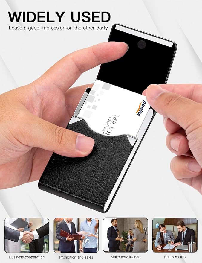Padike Professional Business Card Holder PU Leather Business Card Case Name Card Holder Slim Metal Pocket Card Holder with Magnetic Shut (Black)