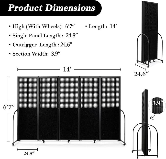 Folding Room Partition,Freestanding Privacy Divider,Portable Office Divider Wall,Commercial Space Partition Screen,Perforated Felt Panel Design,10'6"W x 6'7"H,5 Panel,Black