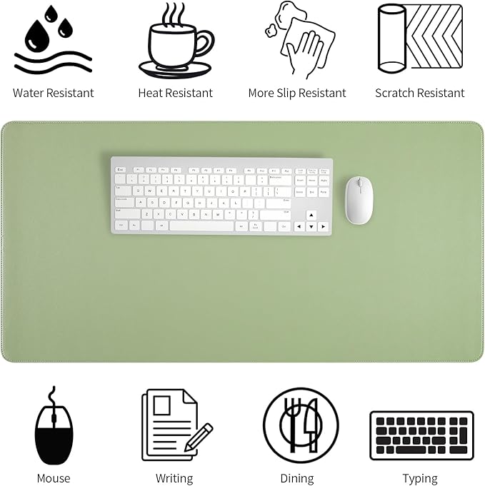 Light Green Desk Mat with Stitched Edges, Large Mouse Pad, Non-Slip Desk Protector Mat, Leather Desk Blotter, Waterproof Desk Pad for Office Home Decor(31.5×15.7 Inches)