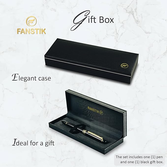 FANSTIK, Customized Fountain pen with name (MADE IN USA), stainless steel, black and gold, luxury engraved pen personalized for men and for women. (Fountain Black-Gold)