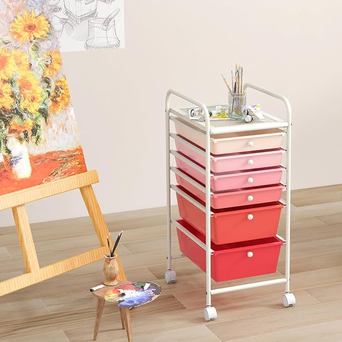 RELAX4LIFE 6-Drawer Rolling Storage Cart - Classroom Organization on Wheels w/Removable Plastic Drawers, Mobile Art Craft Cart for School Paper Home Office, Utility Cart with Drawers (Gradient Pink)