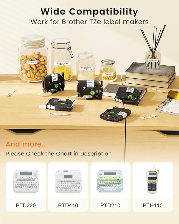 Colorty Ptouch Tape Compatible with Brother P-Touch Label Tape TZ TZe 12mm 0.47 Laminated White 1/2" Black on White TZe-231 TZE231 for PT-D200 H110 D400 D600 1900 Label Maker Refills, 10-Pack