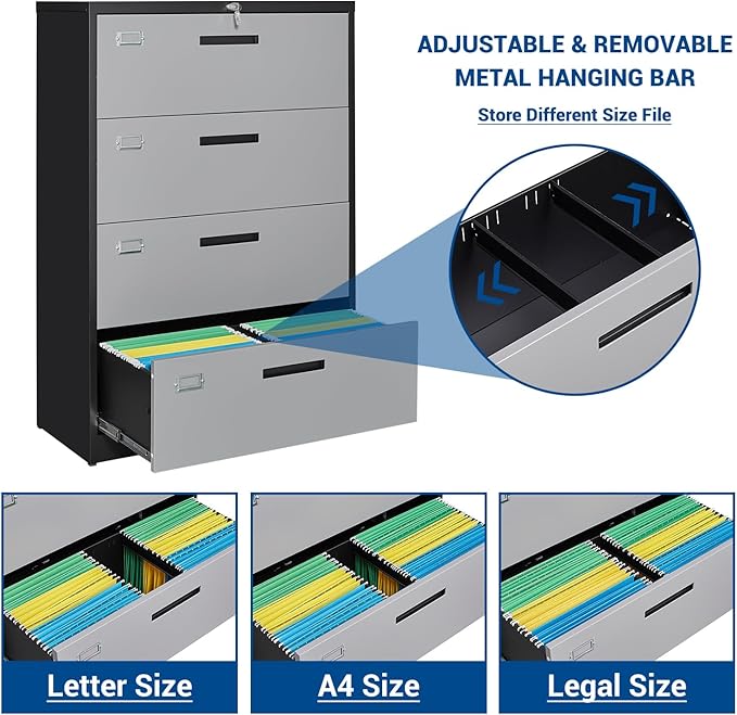 Fesbos Metal Steel 4 Drawer Lateral File Cabinet with Lock, Filling Cabinets for Home Office, Lockable Storage Cabinet for Hanging Files Letter/Legal/F4/A4 Size-Assembly Required