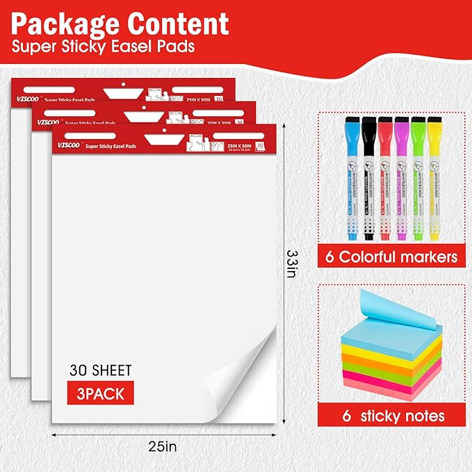 VISCOO Thickened Sticky Easel Pad, 25 x 30 Inches Flip Chart Paper for Teachers, Giant Self-Stick Chart Paper for Wall, Anchor Chart Paper for Classroom/Office with Sticky Note, 90 Sheets/3Pad