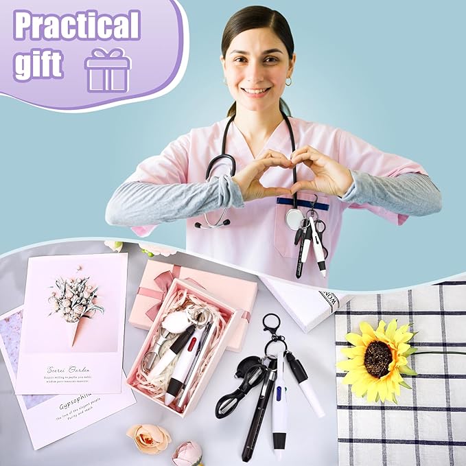 12 pcs Nurse Pen Set Two Colors Black Silver Include Permanent Marker Pen Pen Lights for Nurses Retractable Ballpoint Pen Nursing Keychain Clip Foldable Scissors LED Flashlight Keychain for Nurses