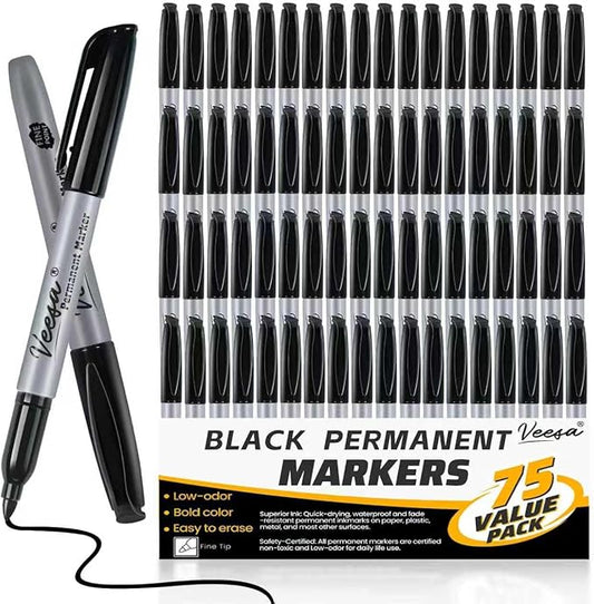 Permanent Markers 75 Pack, Black Marker Pens with 30% More Ink, Waterproof | Quick Drying | Fade Resistant, Fine Tip