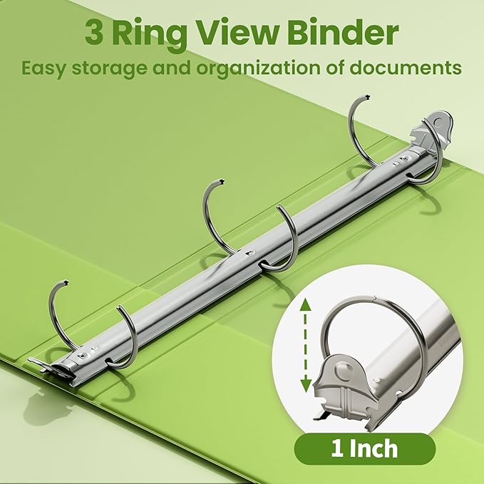 SUNEE 3 Ring Binder 1 Inch 1 Pack, Clear View Binder Three Ring PVC-Free (Fit 8.5x11 Inches) for School or Office Supplies, Tender Green