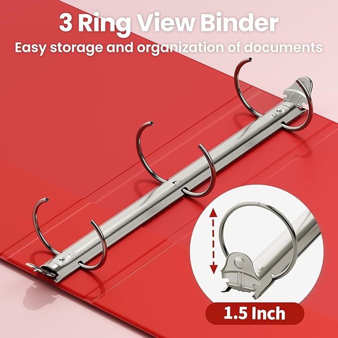 SUNEE 3 Ring Binder 1.5 Inch 1 Pack, Clear View Binder Three Ring PVC-Free (Fit 8.5x11 Inches) for School or Office Supplies, Red