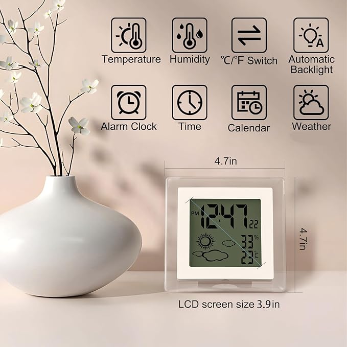 VOILEIPAGI Small Clock Digital Battery Operated Alarm Clock with Auto Backlight, Indoor Temperature Humidity, 12/24H, Date, Travel Alarm Clock Desk Clock Small Clock for Shelf (Battery Included)