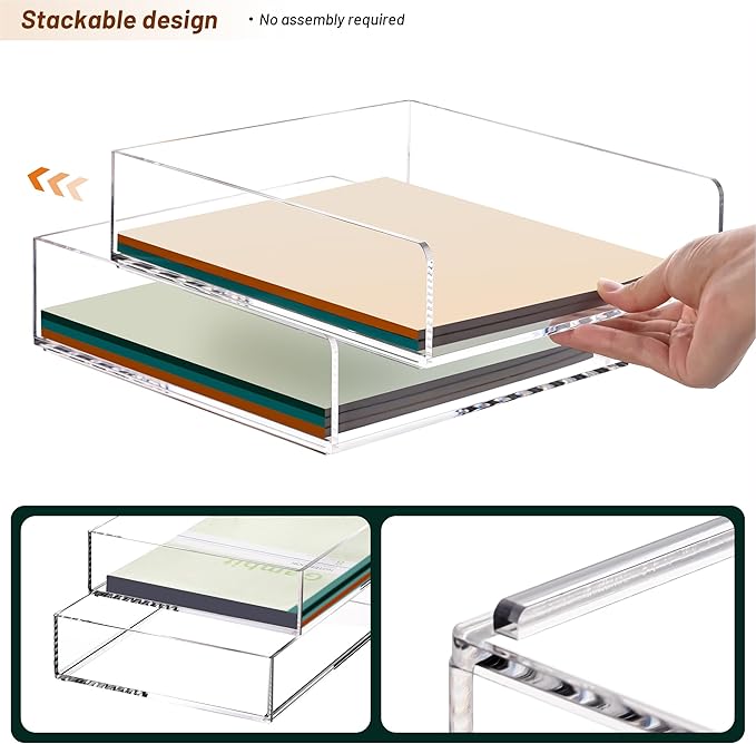 HeZone Paper Organizer Letter Tray, Clear Acrylic Paper Tray, School Teacher Office Supplies Organization, Stackable Desk File Organizer, Classroom Decor and Accessories-2 Pack…
