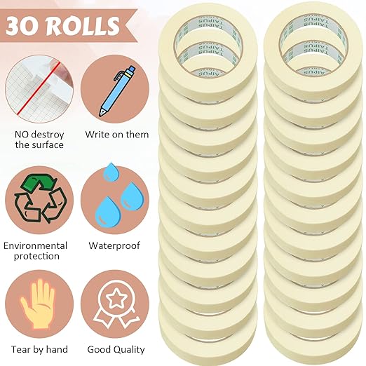 Fainne Masking Tape Bulk General Purpose Masking Painting Tape 55 Yards for Painting Home Office School Stationery Arts Crafts Basic Use, Easy Removal(30 Rolls,0.8 Inch)