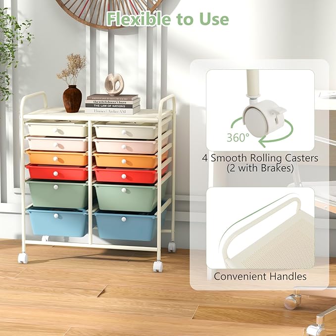 Happygrill 12-Drawer Rolling Storage Cart, Multipurpose Organizer Cart for Home Office School, Utility Cart with Wheels (Macaron)