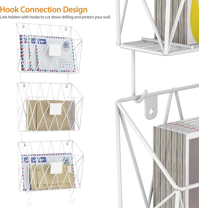CADUKE 6 Pack Hanging Wall File Organizer Mesh Folder Holder Mail Magazine Organizer Wall Mounted with Hooks & Label Panels for Office Home, White