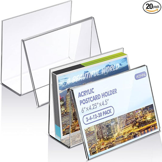 Vicenpal 20 Pcs Clear Acrylic Postcard Holder Business Card Holder Greeting Card Display Clear Business Card Stand Rack for Index Card Organizer Desk Table Home Office School, 6 x 4.25 x 4.5 Inch