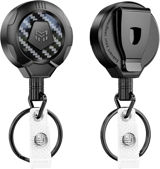 MNGARISTA Upgraded Heavy Duty Retractable Keychain with Belt Clip, 10 OZ Retraction, 31.5" Stainless Steel Cord Key Chain, 3K Carbon Fiber ID Badge Reel Holder with Badge Strap and Key Ring, 2 Pack
