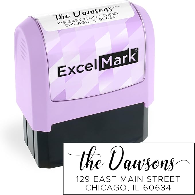 ExcelMark Address Stamp - Custom Return Address Stamp with Elegant Designs, Vibrant Colors & Patterns – Perfect for Mail, Invitations & Gifts (Violet Mount, Signature Script)