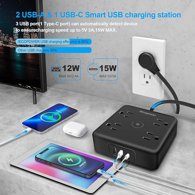 Surge Protector Power Strip 15 ft Cord,Long Power Strip with 4 Widely Outlets, Thin Extension Cord with 3 USB Ports(1 USB C Port),Slim Desk Charging Station,Black(2 Pack)
