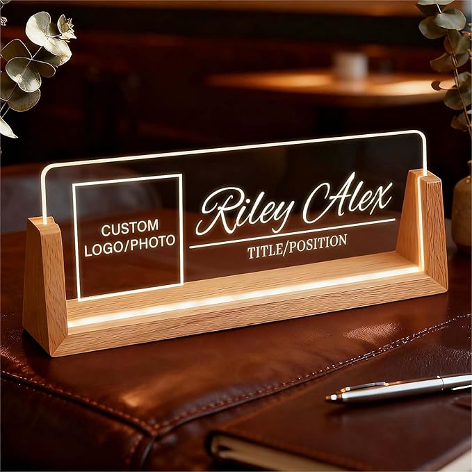 Custom Light Up Office Name Plate, Personalized Desk Sign with Logo or Photo, Coworkers Team Members, Employee Appreciation Gifts
