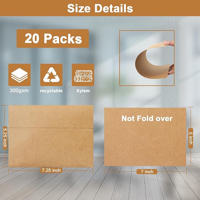Silunkia Brown Blank Greeting Cards and Envelopes 5 x 7 Heavyweight Flat Cardstock and A7 Envelopes Printable Self Seal 20 Packs for DIY Wedding Invitations, Baby Shower, Thank You Cards