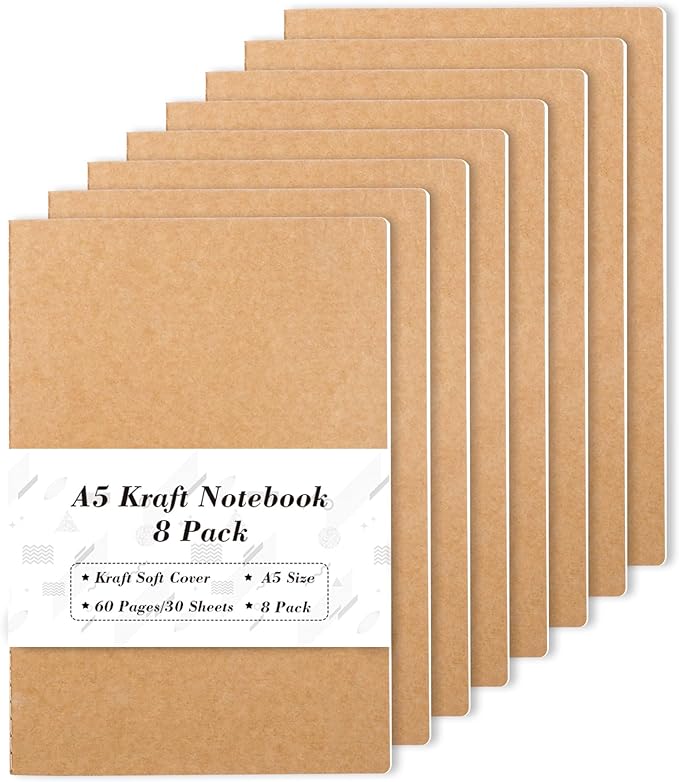 feela 8 Pack A5 Kraft Notebooks, 60 Lined Blank Pages Travel Journal Bulk, Soft Cover Notebooks for Women Girls Students, Making Plans Writing Memos Office School Supplies, 8.3 X 5.5 in