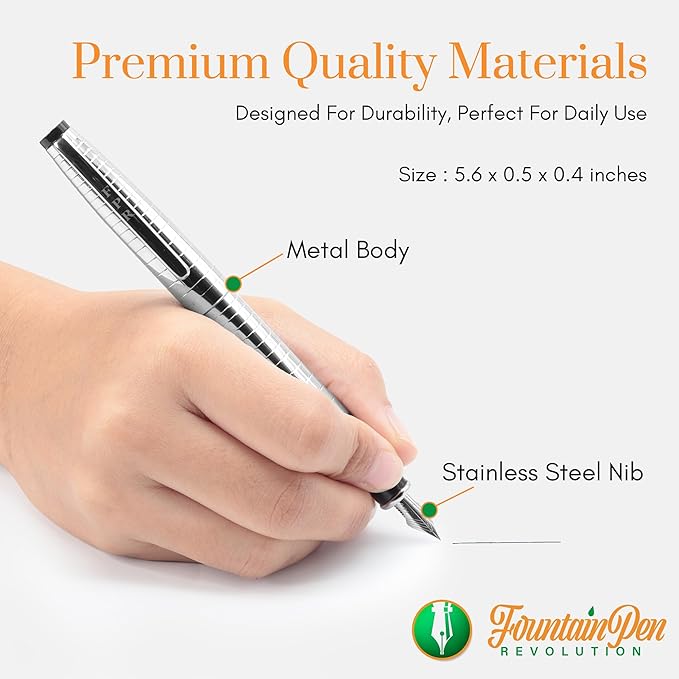 FPR Ambassador Ultra Flex Nib Fountain Pen Set, Chiseled Chrome - Refillable Pen w/Cartridges & Converter - Calligraphy Pens for Writing, Journaling & Gifting - Luxury Pens For Smooth Strokes