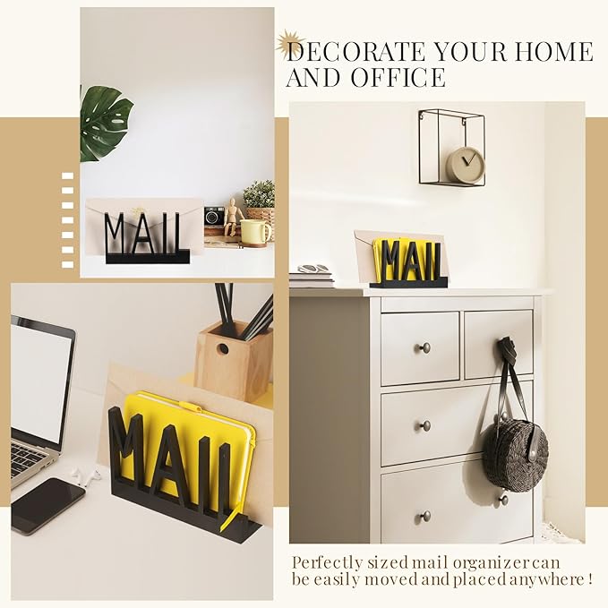 Vercraft Mail Organizer Holder Organizer Countertop Modern Wooden Black Letter Holder with Cutout Lettering Design Outgoing Mail Holders for Office Desktop Envelope and Document Storage Rack