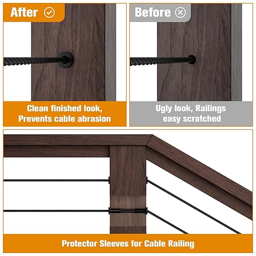 CELYND Cable Railing Protector Sleeves - 100 Pack T316 Stainless Steel Protective Sleeves - 1/8" 3/16" 5/32" Black Deck Cable Railing Hardware Kit for Wood Posts