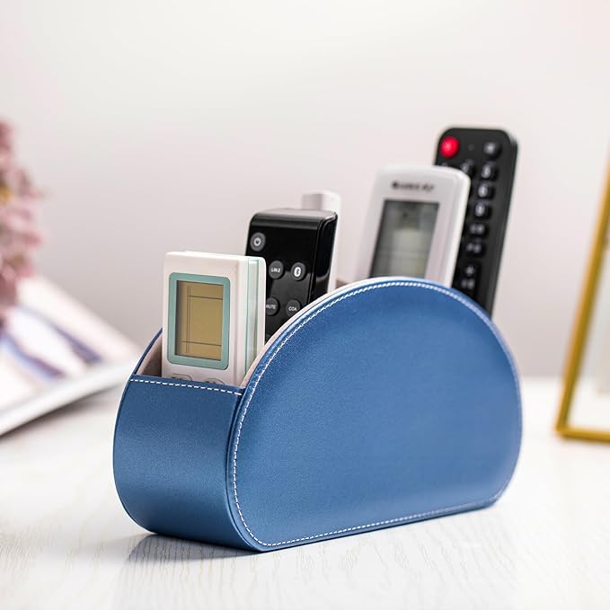 Remote Control Holders Organizer Box with 5 Compartment PU Leather Multi-functional Office Desk Storage Caddy Store Tv Remote for Media Player,Brush,Pencil,Glassees&Office Supplies (Champagne Blue)