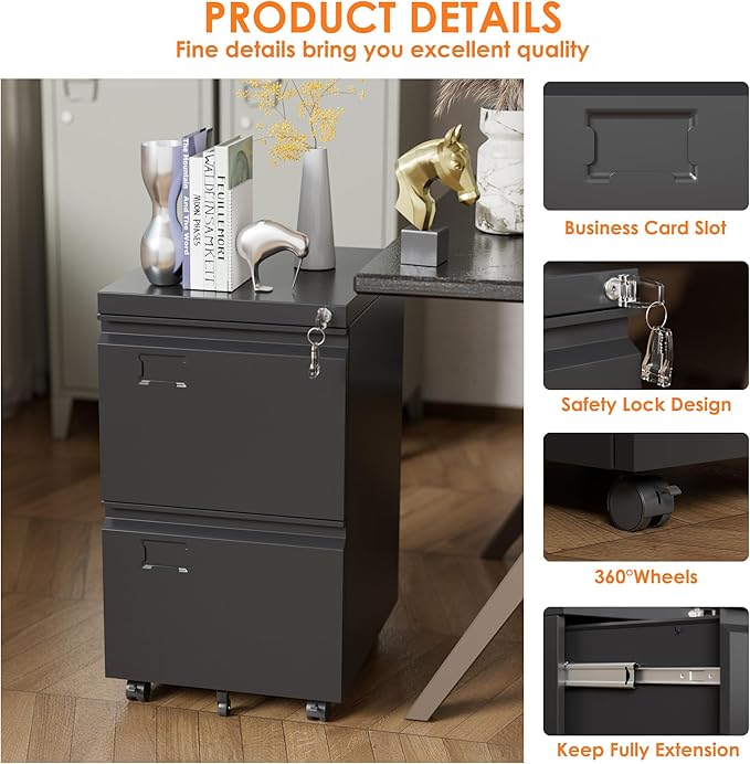 METAN 2 Drawer Vertical File Cabinet with Lock, Mobile Metal Filing Cabinet for Legal/Letter Size, Office Storage File Cabinet Under Desk with Card Holder,Assembly Required, Black