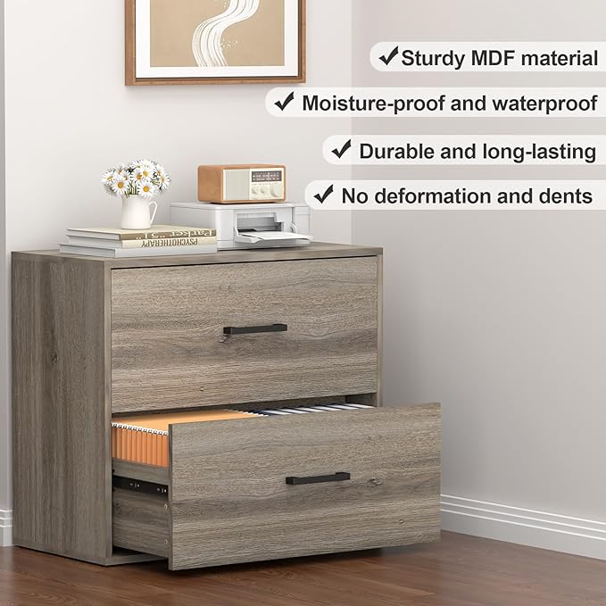 FATIGOS 2 Drawer File Cabinet, Wood Lateral File Cabinet, Wide Filing Cabinets for Home Office, Farmhouse File Cabinet Printer Stand for Hanging Files/Letters, Gray