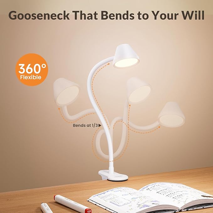 LEPOWER Clip on Light, Reading Lights for Books in Bed with 5 Colors & Stepless Dimming, RG0 Eye-Care, Auto Timer & Night Light, Strong Clamp for Headboard, Bedside, Desk, White