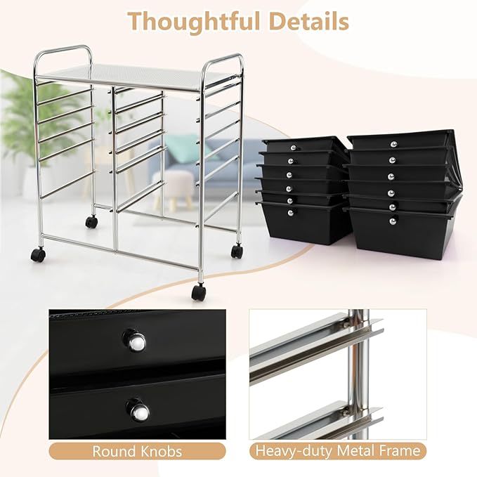 HAPPYGRILL Happygrill 12-Drawer Rolling Storage Cart, Multipurpose Organizer Cart for Home Office School, Utility Cart with Wheels, (Black)